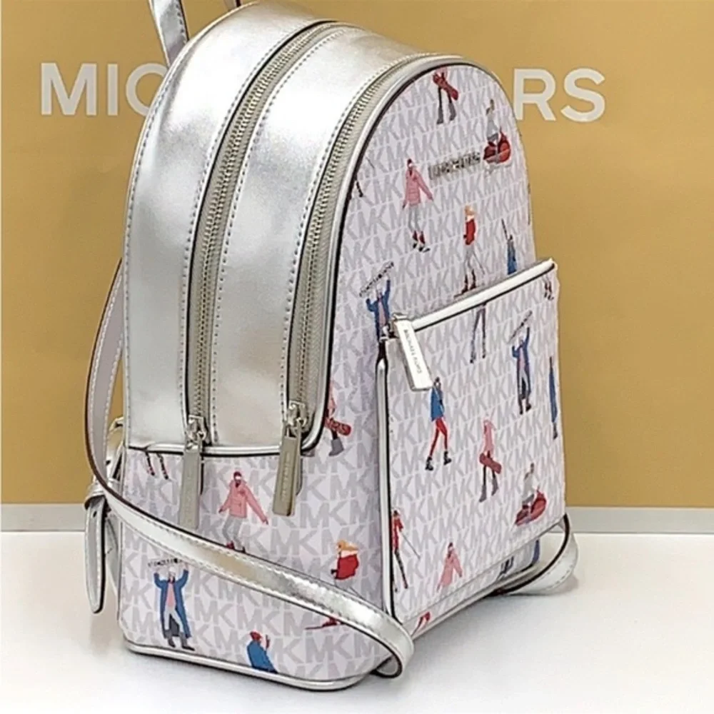 Michael Kors Jet Set Girls Adina Medium Backpack MK Bright White Silver Multi